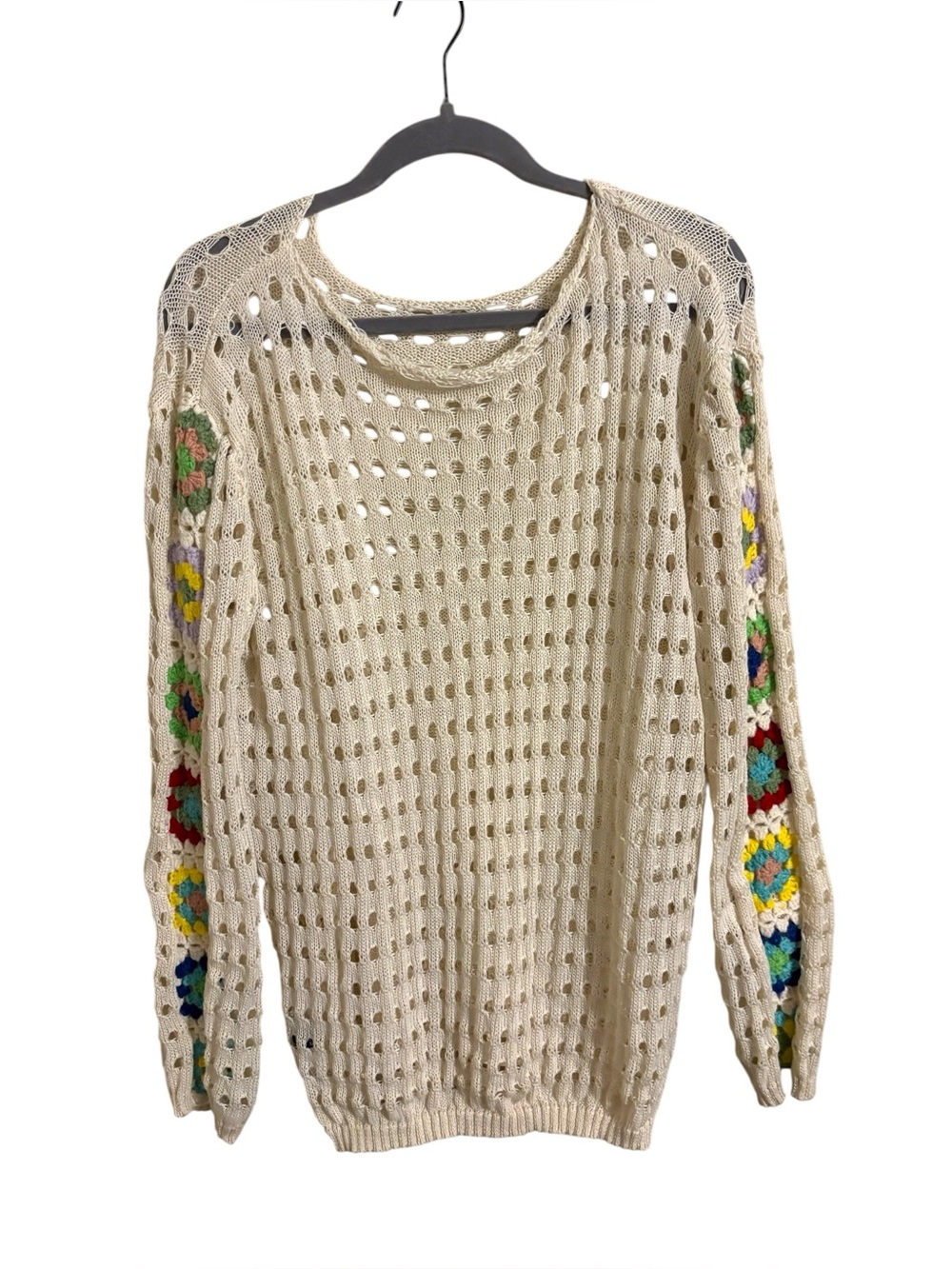 Shein Cream Multicolor Sleeves Crochet Doily Sweater Large